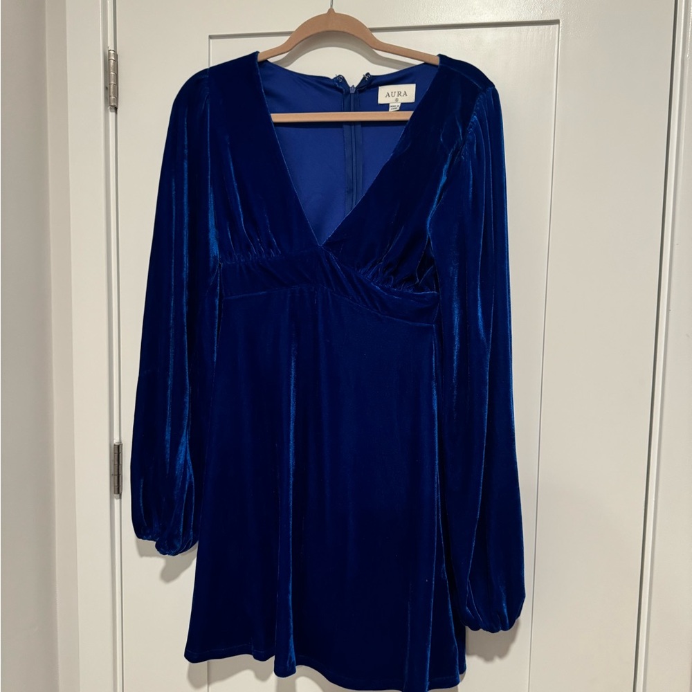 Aura Women's Royal Blue Velvet Long Sleeve Dress
